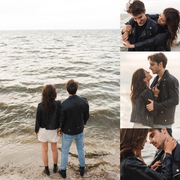 Koláž mladých párů v kožených bundách objímající na pláži u moře  - Fotografie, Obrázek