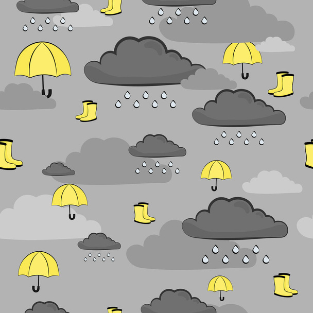 Padrão vetorial sem costura em cinza e amarelo colorido para tecido e papel de embrulho com guarda-chuvas e gumboots em nuvens sobre fundo cinza - Vetor, Imagem