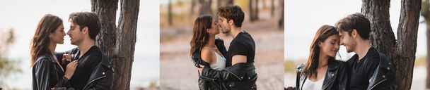 Collage of couple in leather jackets kissing and embracing in forest  - Photo, Image