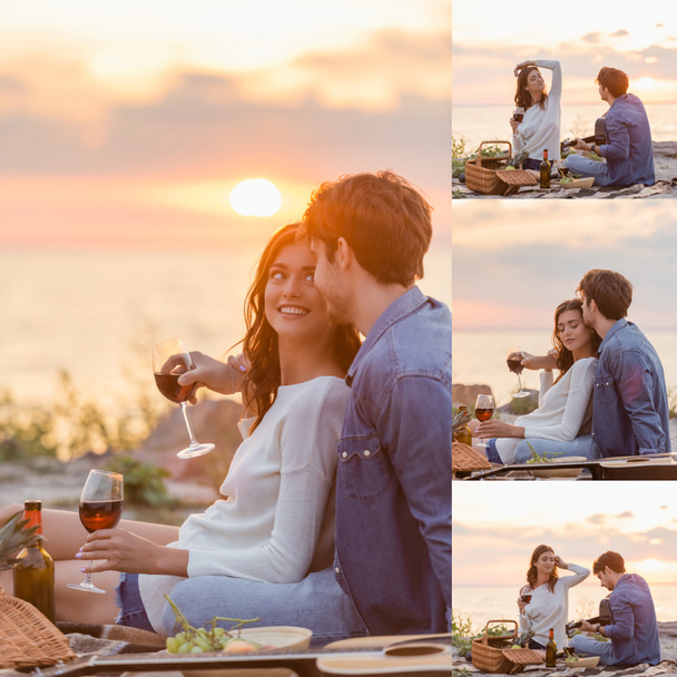 Collage de pareja joven tocando la guitarra acústica y sosteniendo copas de vino durante el picnic en la playa por la noche  - Foto, Imagen