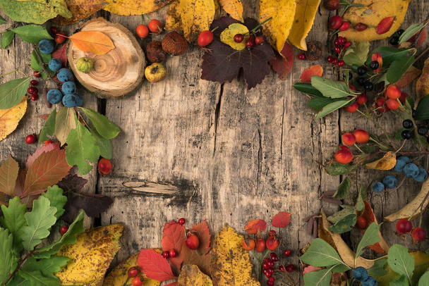 Mockup outono festivo de bagas e folhas em um fundo de madeira natural. - Foto, Imagem