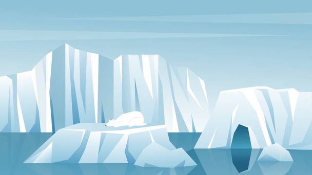 Ilustración del vector del paisaje antártico. Dibujos animados naturaleza invierno ártico iceberg, nieve montañas colinas, paisaje norte helado naturaleza fondo - Vector, imagen