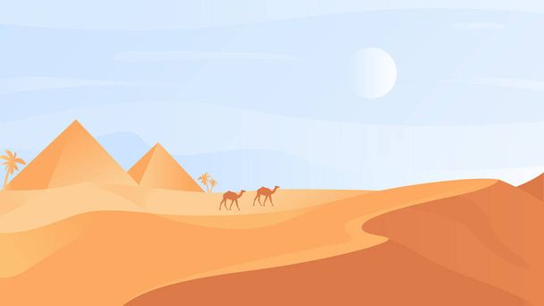 Egipski pustynny krajobraz przyrodniczy, pustynne malownicze dzikie tereny przyrodnicze, wydmy, karawana wielbłądów - Wektor, obraz