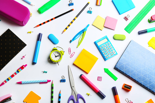 School stationery on white background, flat lay. Back to school - Foto, afbeelding