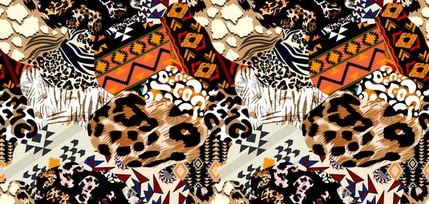 Patchwork leopard and zebra design pattern, leopard and ethnic pattern, seamy patchwork - Photo, Image