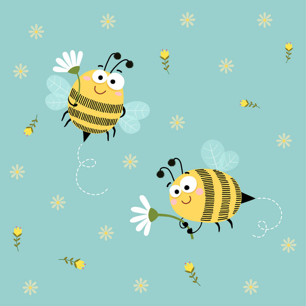 Векторная иллюстрация Милые пчелы, летающие с элементами цветов на синем фоне. - Вектор,изображение
