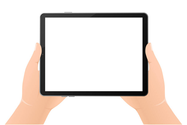 Beyaz zemin üzerinde siyah boş tablet ellerle modern düz çizimler. Dijital teknoloji. Modern düz çizim. Web tasarımı - Vektör, Görsel