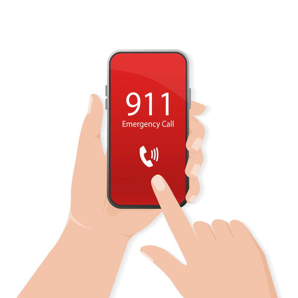 911 calling in flat style. Vector flat design. Mobile phone. Finger touch screen. First aid. Call screen smartphone. Vector mobile device concept - Vector, Image