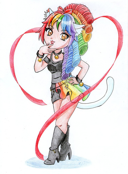 Gato-chica con el pelo del arco iris
 - Foto, imagen