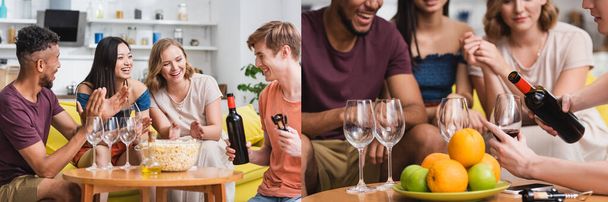collage de jeune homme versant du vin rouge près d'amis multiculturels excités, culture panoramique - Photo, image
