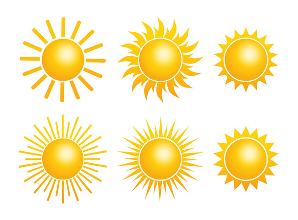 Platte gele zon pictogram collectie op witte achtergrond. Vector platte cartoon illustratie - Vector, afbeelding