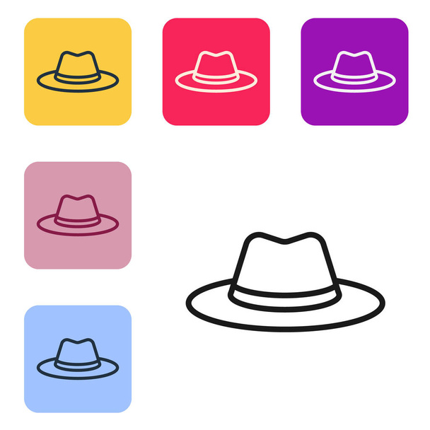 Musta viiva Länsi cowboy hattu kuvake eristetty valkoisella taustalla. Aseta kuvakkeet värillisiin neliön painikkeisiin. Vektori. - Vektori, kuva
