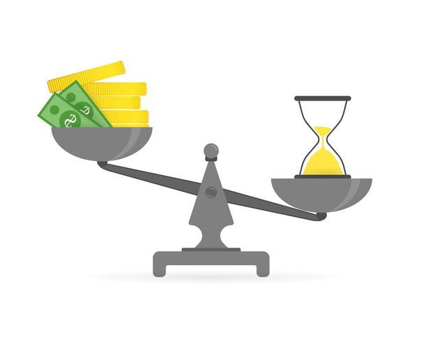 Concept of time and money. Time is more valuable than money. Time is money on scales icon on a white background in flat style. Vector illustration - Vector, Image