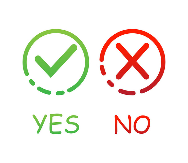 Grün und rot rund mit Ja und Nein Vektorzeichen auf weißem Hintergrund. Vektoraktiendarstellung. - Vektor, Bild