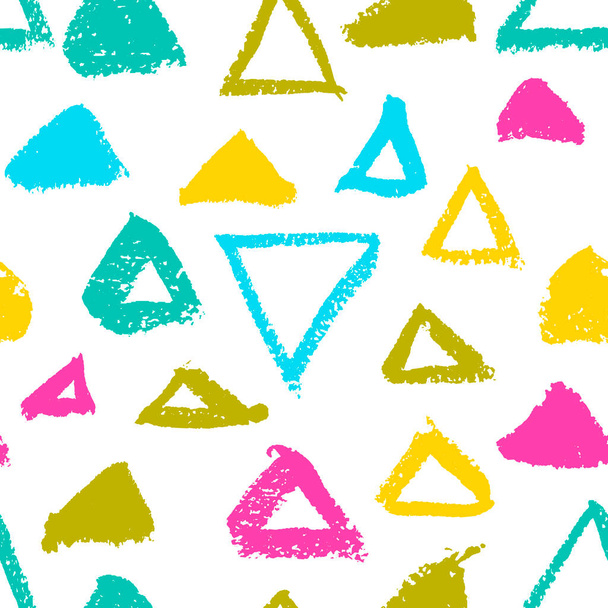 Colorful grunge seamless pattern with abstract hand drawn brush strokes and paint splashes, triangles, geometrical shapes. Messy infinity texture, modern grungy background. Vector illustration. - Vector, imagen
