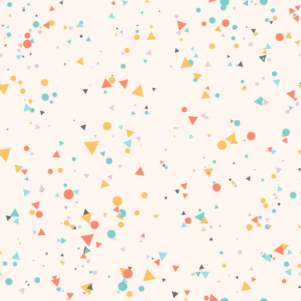 Abstract seamless pattern with colorful blue, gray, yellow, orange haotic small circles and triangles on beige. Геометрический узор бесконечности. Векторная иллюстрация.   - Вектор,изображение