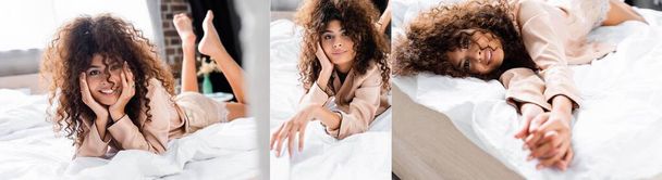 collage of pleased and curly woman looking at camera while lying on bed - Foto, Imagen