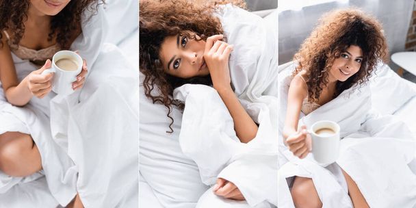 collage of joyful curly woman wrapped in white blanket looking at camera and holding cup of coffee - Фото, изображение