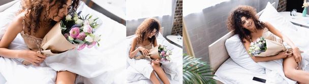 Collage einer fröhlichen Frau mit einem Blumenstrauß im Schlafzimmer  - Foto, Bild