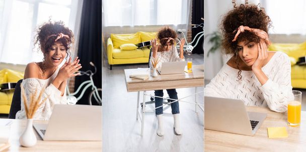Collage einer lockigen Frau mit Laptop, die zu Hause lacht und gestikuliert - Foto, Bild