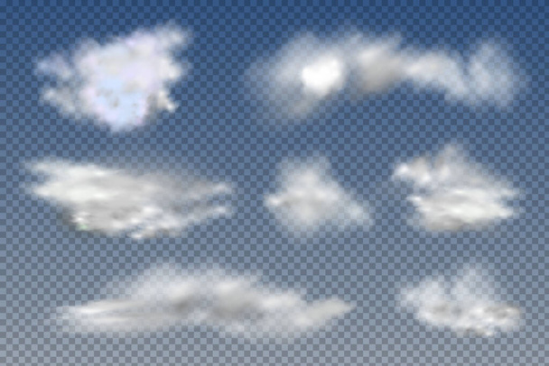 Nubes realistas aisladas y transparentes, niebla o humo sobre un fondo azul. - Vector, Imagen