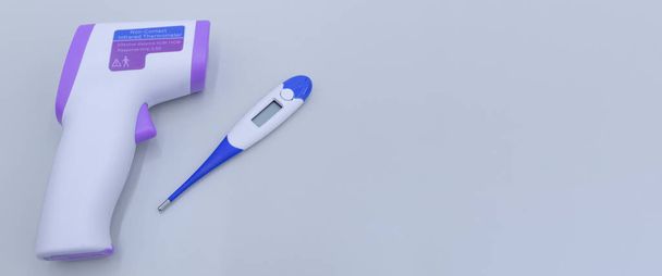 Non-contact infrarood thermometer op grijze achtergrond om een lichaamstemperatuur te meten. Gezondheidszorg en medisch thema. - Foto, afbeelding