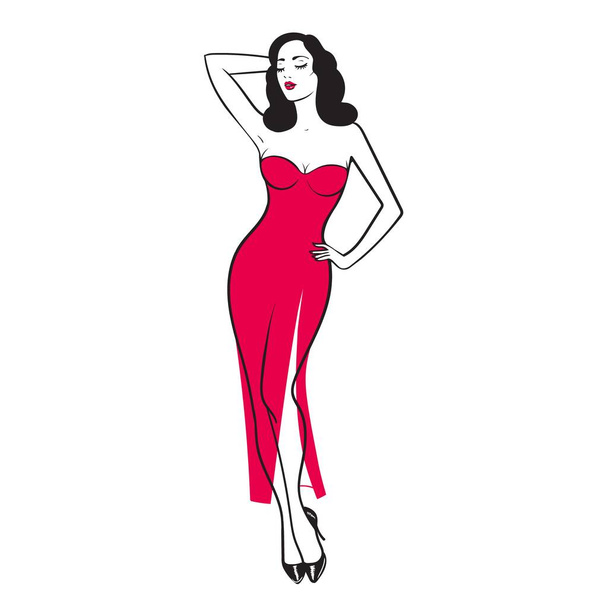 Beautiful young woman in a long red dress isolated on a white background. Pin up model. Stock vector illustration. - Vector, Image