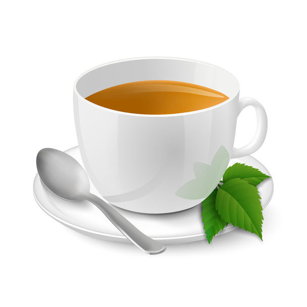 Realistic white cup with black tea and mint - Vektori, kuva