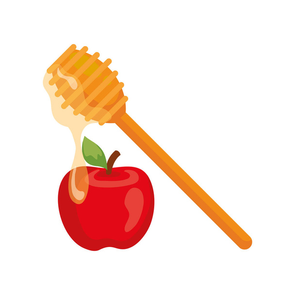 honey dipper stick with apple, on white background - Vector, Image