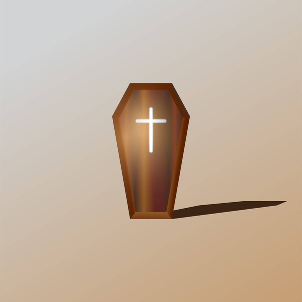 Realistická podrobná dřevěná rakev s vektorovou ilustrací Christian Cross. Horor nebo halloween design element. - Vektor, obrázek
