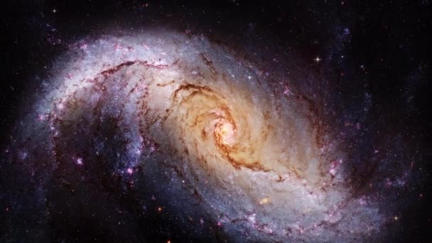 Космическое путешествие через стартовое поле в питомник NGC 1672. Спиральная галактика в созвездии Дорадо. Элементы этого изображения предоставлены НАСА. 4K 3D рендеринг межзвездных космических путешествий. - Кадры, видео