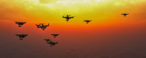Illustrazione 3d, gruppo di droni nel cielo - Foto, immagini