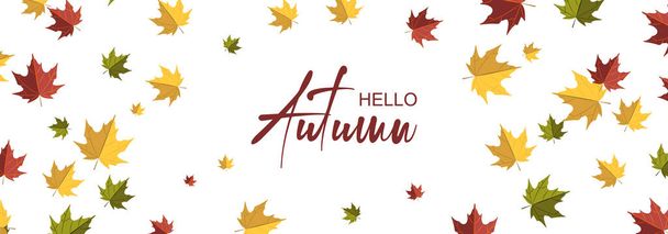 Herbst horizontale Gestaltung mit bunten fallenden Blättern. Platz für Text. Vektorillustration - Vektor, Bild