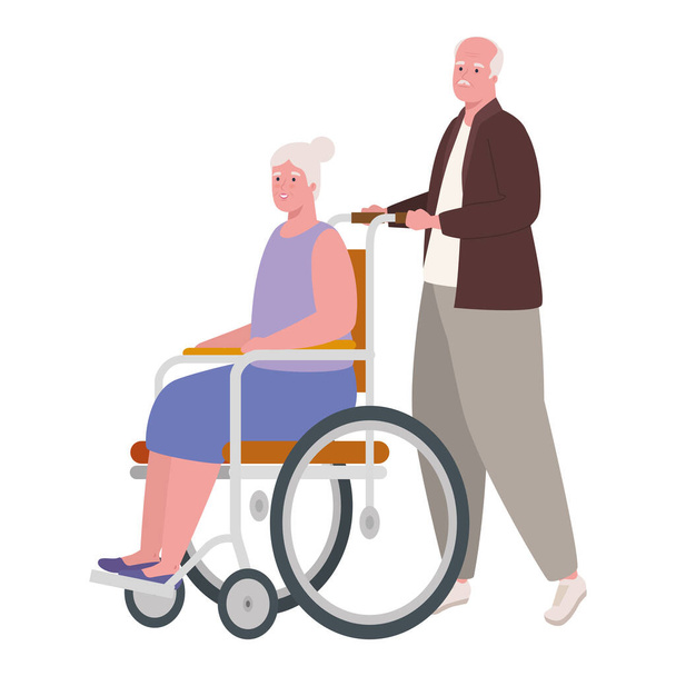 γέρος με ηλικιωμένη γυναίκα σε αναπηρική καρέκλα - Διάνυσμα, εικόνα