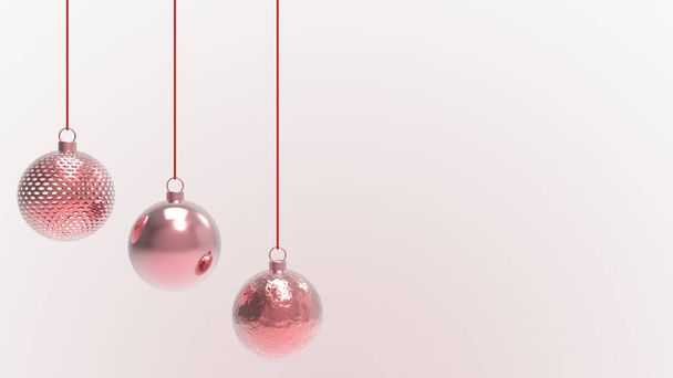 Czerwone kulki świąteczne z czerwonym tłem. kolorowe kulki świąteczne na choinkę, szkło, metalową i plastikową piłkę. Grupa Baubles wiszące szablon dekoracji wakacyjnych. Ilustracja 3D renderowania - Zdjęcie, obraz