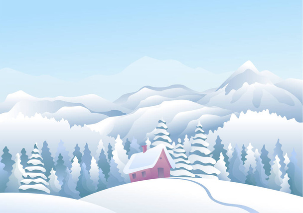 Montañas azules invierno paisaje nevado con casas de nieve y bosque de pinos en primer plano. Picos de montaña y fondo de viaje - Vector, Imagen