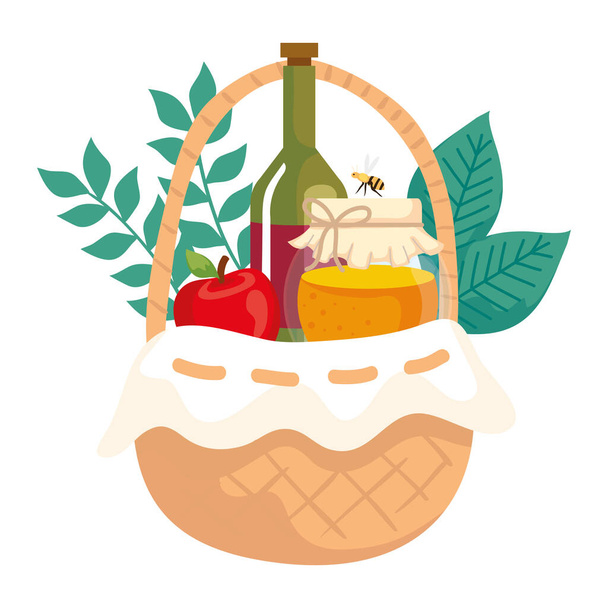 canasta de mimbre con botella de vino, manzana y tarro de miel - Vector, Imagen