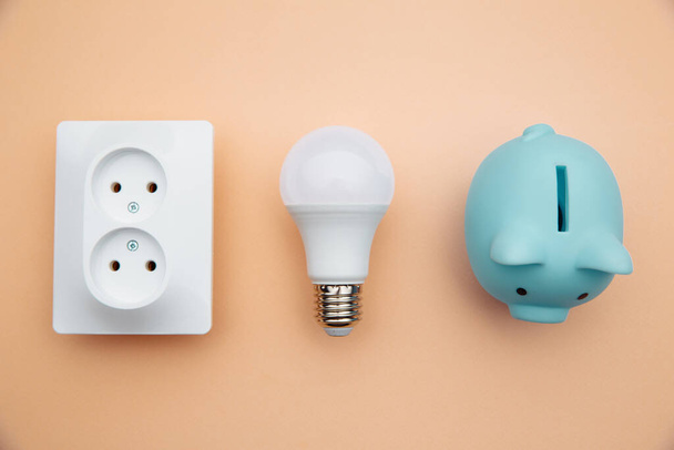 LED light bulb, power socket and blue piggy bank. Power energy economy. Top view - Foto, afbeelding