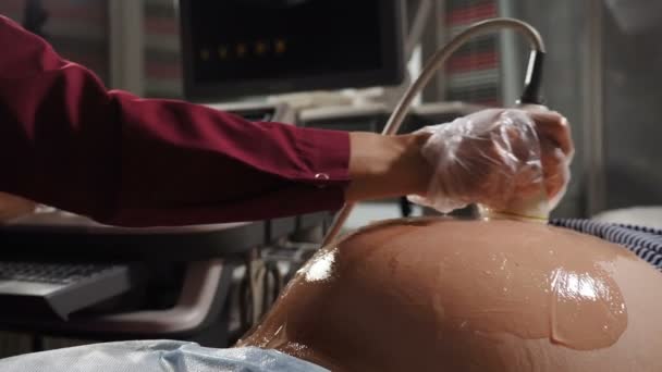 Porodnické ultrazvukové snímky. Ultrazvukové vyšetření těhotné ženy. Koncept těhotenství a zdravotní péče. Doktor dělá 3D ultrazvuk na břiše. Proces ultrasonografie plodu. 4 k video - Záběry, video