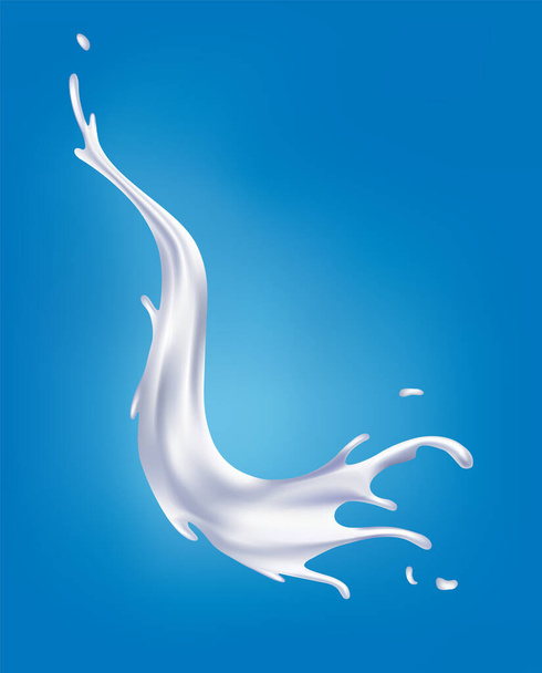 Ρεαλιστική βουτιά γάλακτος. Χύνεται λευκό υγρό ή γαλακτοκομικά προϊόντα. Δείγμα διαφήμισης ρεαλιστικά φυσικά γαλακτοκομικά προϊόντα, γιαούρτι ή κρέμα γάλακτος, απομονώνονται σε μπλε φόντο - Διάνυσμα, εικόνα
