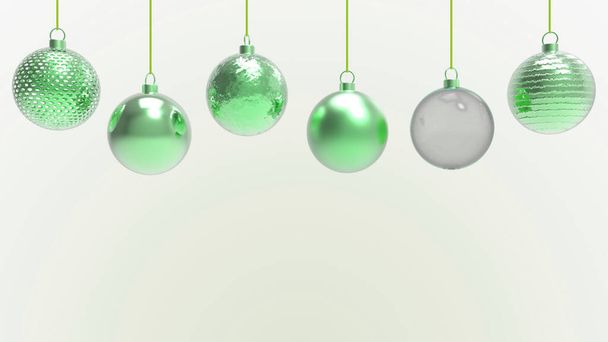 白い背景を持つ緑のクリスマスボール。クリスマスツリー、クリスマスグラス、金属とプラスチックボールのためのカラフルなクリスマスボール。バウブルスのグループは、休日の装飾テンプレートをぶら下げ。3Dレンダリング図 - 写真・画像