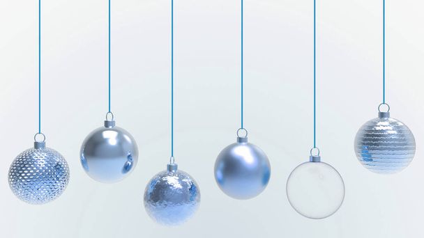 Bolas azules de Navidad con fondo blanco. coloridas bolas de Navidad para árbol de Navidad, vidrio de Navidad, metal y bola de plástico. Grupo de Baubles colgando plantilla de decoración navideña. ilustración de renderizado 3d - Foto, imagen