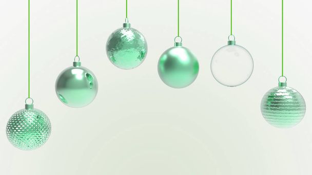 Grüne Weihnachtskugeln mit weißem Hintergrund. Bunte Weihnachtskugeln für Weihnachtsbaum, Weihnachtsglas, Metall- und Plastikkugel. Gruppe von Kugeln hängen Weihnachtsdekoration Vorlage. 3D-Darstellung - Foto, Bild