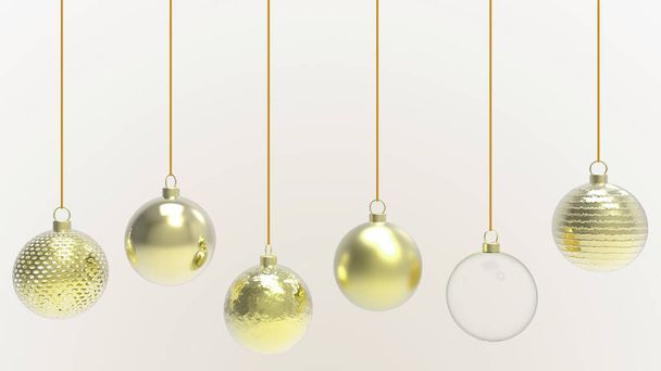 gelbe Weihnachtskugeln mit gelbem Hintergrund. Bunte Weihnachtskugeln für Weihnachtsbaum, Weihnachtsglas, Metall- und Plastikkugel. Gruppe von Kugeln hängen Weihnachtsdekoration Vorlage. 3D-Darstellung - Foto, Bild