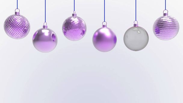 Fioletowe kulki świąteczne z białym tłem. kolorowe kulki świąteczne na choinkę, szkło, metalową i plastikową piłkę. Grupa Baubles wiszące szablon dekoracji wakacyjnych. Ilustracja 3D renderowania - Zdjęcie, obraz