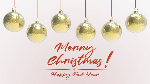 Gelbgold Weihnachtskugeln rotes Wort frohe Weihnachten und ein glückliches neues Jahr. bunte Weihnachtsbaum, Glas, Metall und Plastikkugel. Gruppe von Kugeln hängen Weihnachtsdekoration Vorlage. 3D-Darstellung - Foto, Bild