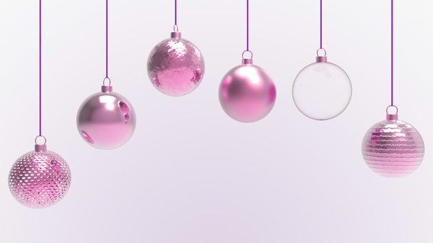 Boules de Noël roses avec fond blanc. boules de Noël colorées pour arbre de Noël, verre de Noël, boule en métal et en plastique. Groupe de Baubles suspendus modèle de décoration de vacances. Illustration de rendu 3D - Photo, image