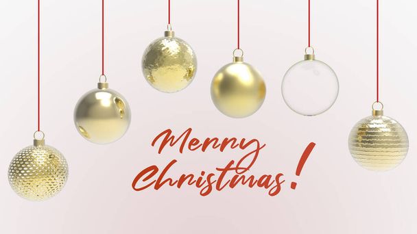 Κίτρινο χρυσό μπάλες Χριστούγεννα με κόκκινη λέξη Καλά Χριστούγεννα. πολύχρωμα Χριστούγεννα χριστουγεννιάτικο δέντρο, γυαλί, μέταλλο και πλαστική μπάλα. Ομάδα Baubles κρέμονται Διακόσμηση πρότυπο διακοπών. 3d καθιστούν απεικόνιση - Φωτογραφία, εικόνα