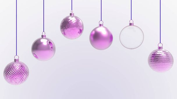 Rosa Weihnachtskugeln mit weißem Hintergrund. Bunte Weihnachtskugeln für Weihnachtsbaum, Weihnachtsglas, Metall- und Plastikkugel. Gruppe von Kugeln hängen Weihnachtsdekoration Vorlage. 3D-Darstellung - Foto, Bild