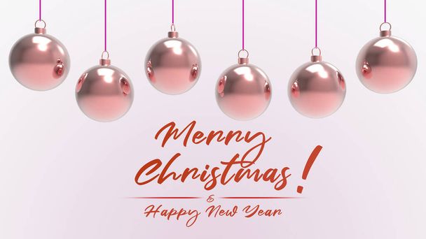 赤い単語陽気なクリスマスと幸せな新年と赤いクリスマスボール。カラフルなクリスマスツリー、ガラス、金属とプラスチックボール。バウブルスのグループは、休日の装飾テンプレートをぶら下げ。3Dレンダリング - 写真・画像